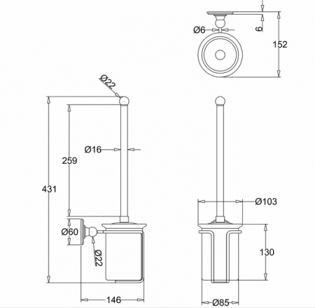 WC tualetes birste ar turētāju, pie sienas, hromēta
