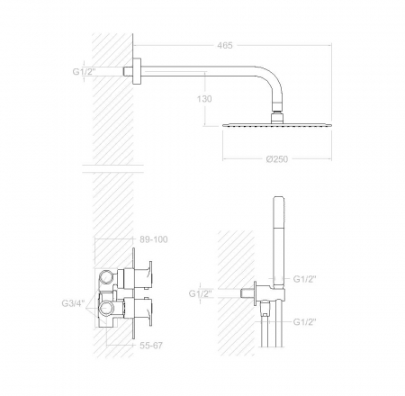 Maisītājs Dušas ALEXIA ar termostatu, iebūvējams sienā, lietus duša D250 un rokas duša RamonSoler brushed nickel