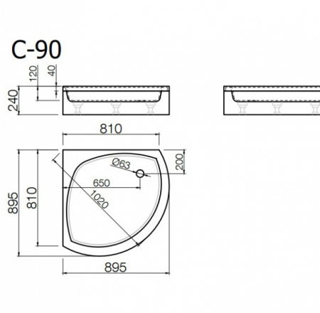Akmens masas paliktnis C-90, 90x90x24cm ar paneli un kājām, balts Vispool