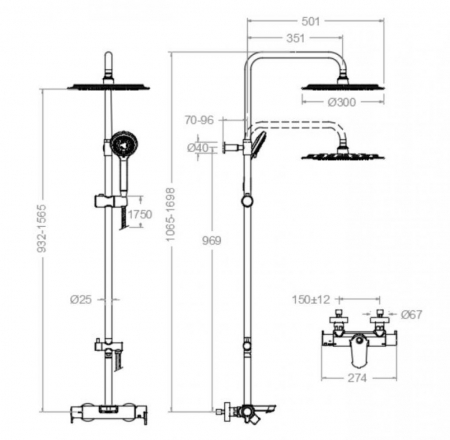 Vannas/dušas kolonna ar termostatu, lietus dušu D30cm un rolas dušu, teleskopiska, RamonSoler hroms