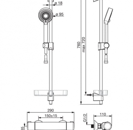 ORAS NOVA dušas maisītājs ar termostatu un dušas statīvu, hroms