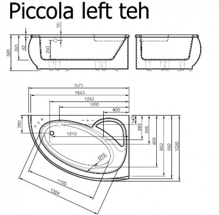 VISPOOL stūra vanna PICCOLA 1575*1030mm labā balta ar sifonu BEZ paneļa
