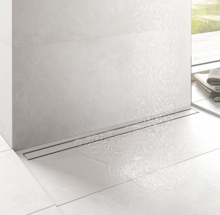 Dušas traps 90cm TECE ar flīzes (TILE) un STEEL dekoratīvo daļu, sifonu