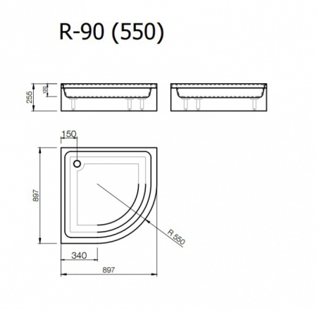 Akmens masas paliktnis R-90, 90x90x25cm pusaplis ar paneli, BEZ sifona