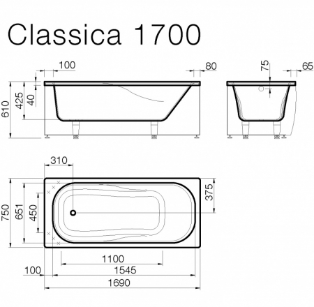 Vanna CLASSICA 170x75cm ar U/L veida paneli un sifonu