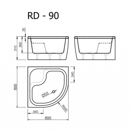 Akmens masas paliktnis RD-90*90x51cm pusap.balts ar paneli BEZ sifona