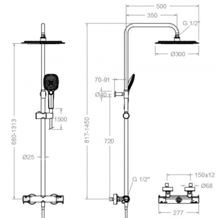 Dušas kolonna ar termostatu, lietus dušu D30cm un rolas dušu, teleskopiska, RamonSoler hroms