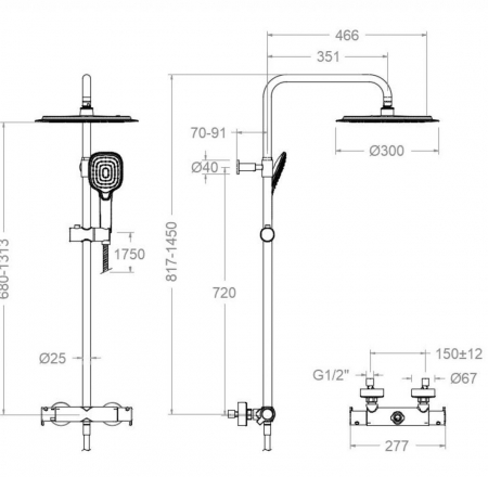 Dušas kolonna ar termostatu, rokas dušu un lietus dušu D30cm, RamonSoler brushed gold