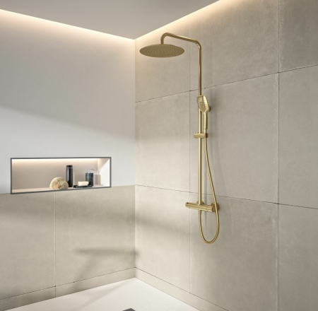 Dušas kolonna ar termostatu, rokas dušu un lietus dušu D30cm, RamonSoler brushed gold