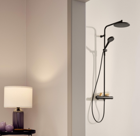 Dušas sistēma ORAS STYLE ar termostata maisītāju, lietus dušu un rokas dušu, melns matēts