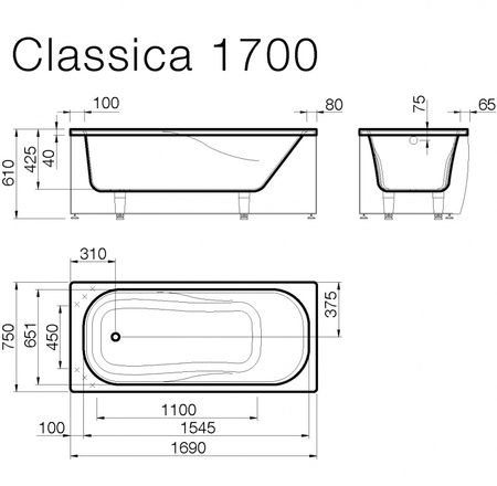 Vanna CLASSICA 170x75cm ar U/L veida paneli un sifonu