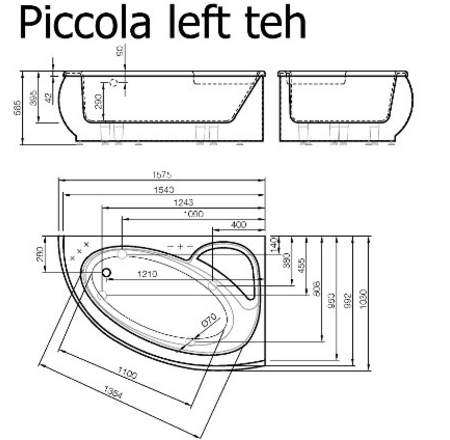 VISPOOL stūra vanna PICCOLA 1575*1030mm labā balta ar sifonu BEZ paneļa