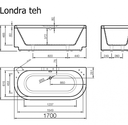 VISPOOL taisnstūra vannas LONDRA 1700*765 (balta)