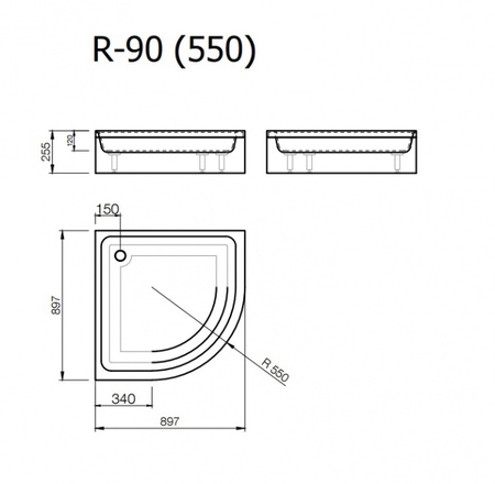 Akmens masas paliktnis R-90, 90x90x25cm pusaplis ar paneli, BEZ sifona