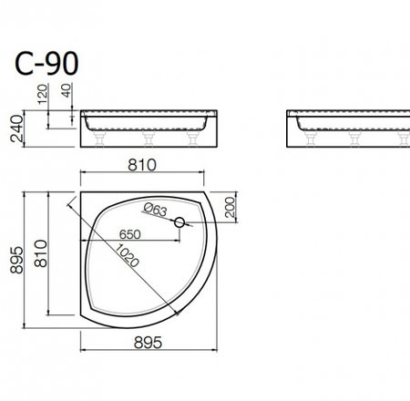 Akmens masas paliktnis C-90, 90x90x24cm ar paneli un kājām, balts Vispool