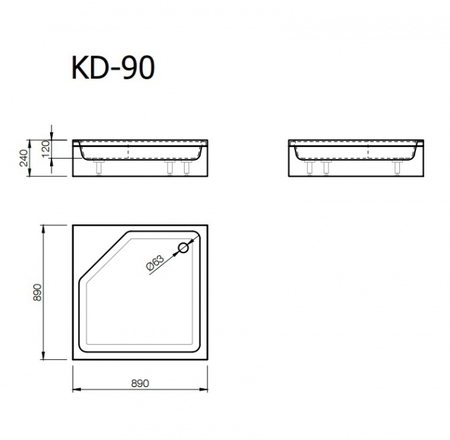 Akmens masas paliktnis KD-90*90 balts ar paneli, BEZ sifona